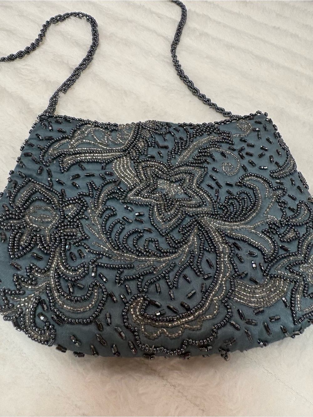 Beaded Evening Bag Crossbody Grey Gunmetal Floral Art Deco Style